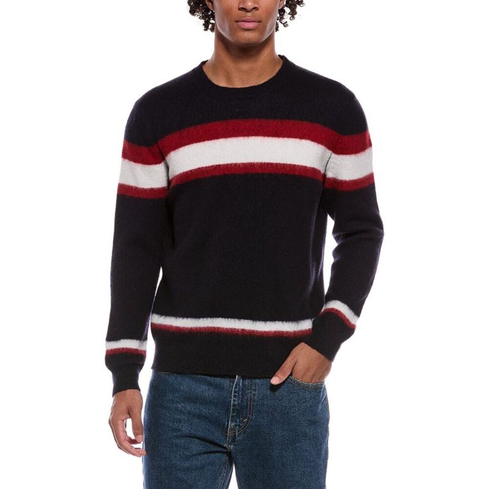 Slowear Mens Virgin Wool Stripe Crewneck Sweater, Navy